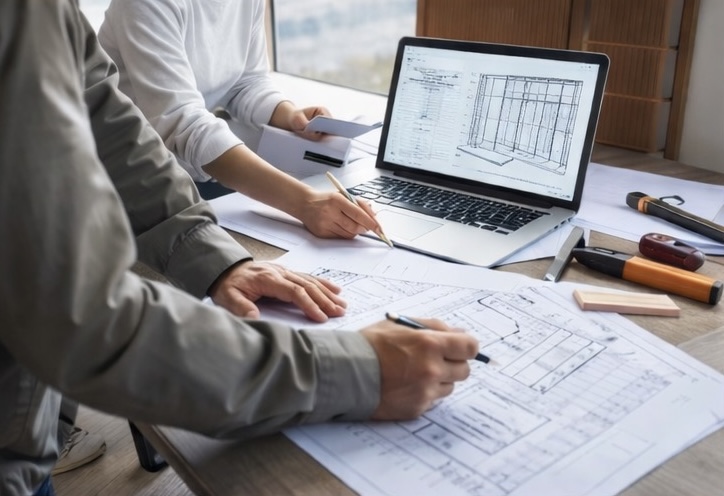 Adviesgesprek over een renovatieproject met bouwtekeningen in Noord-Brabant